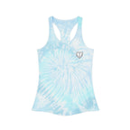 Women's Tie Dye Racerback Tank Top — Small Front Logo & Bold Back Double Logo