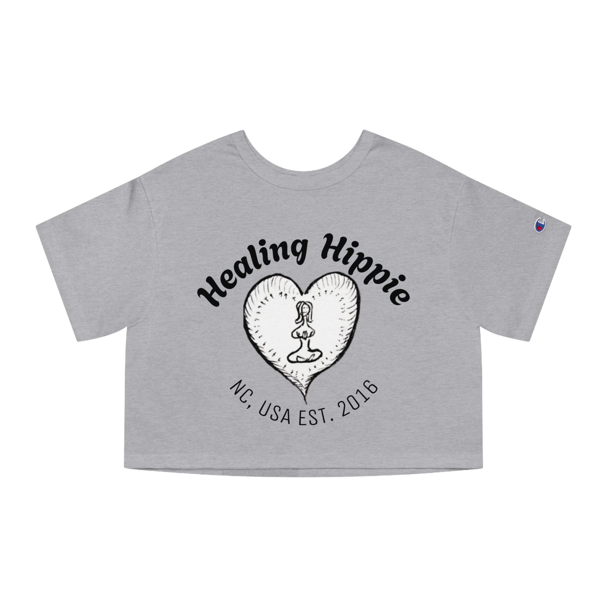Healing Hippie Champion Cropped T‑Shirt- Front & Back Design- NC,USA EST.2016
