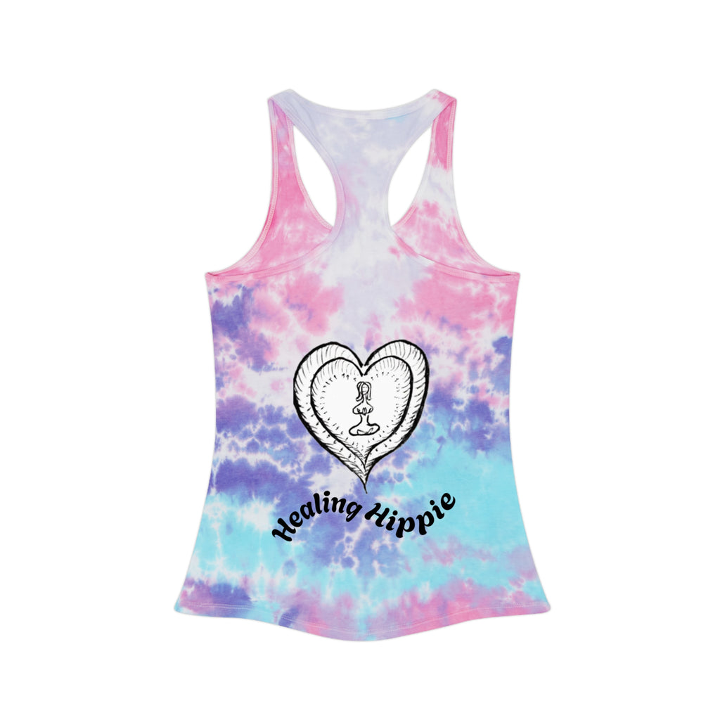 Women's Tie Dye Racerback Tank Top — Small Front Logo & Bold Back Double Logo