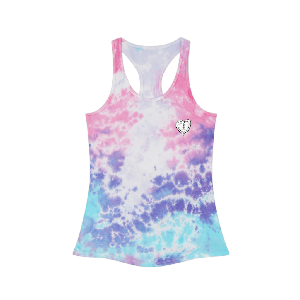 Women's Tie Dye Racerback Tank Top — Small Front Logo & Bold Back Double Logo