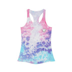 Women's Tie Dye Racerback Tank Top — Small Front Logo & Bold Back Double Logo