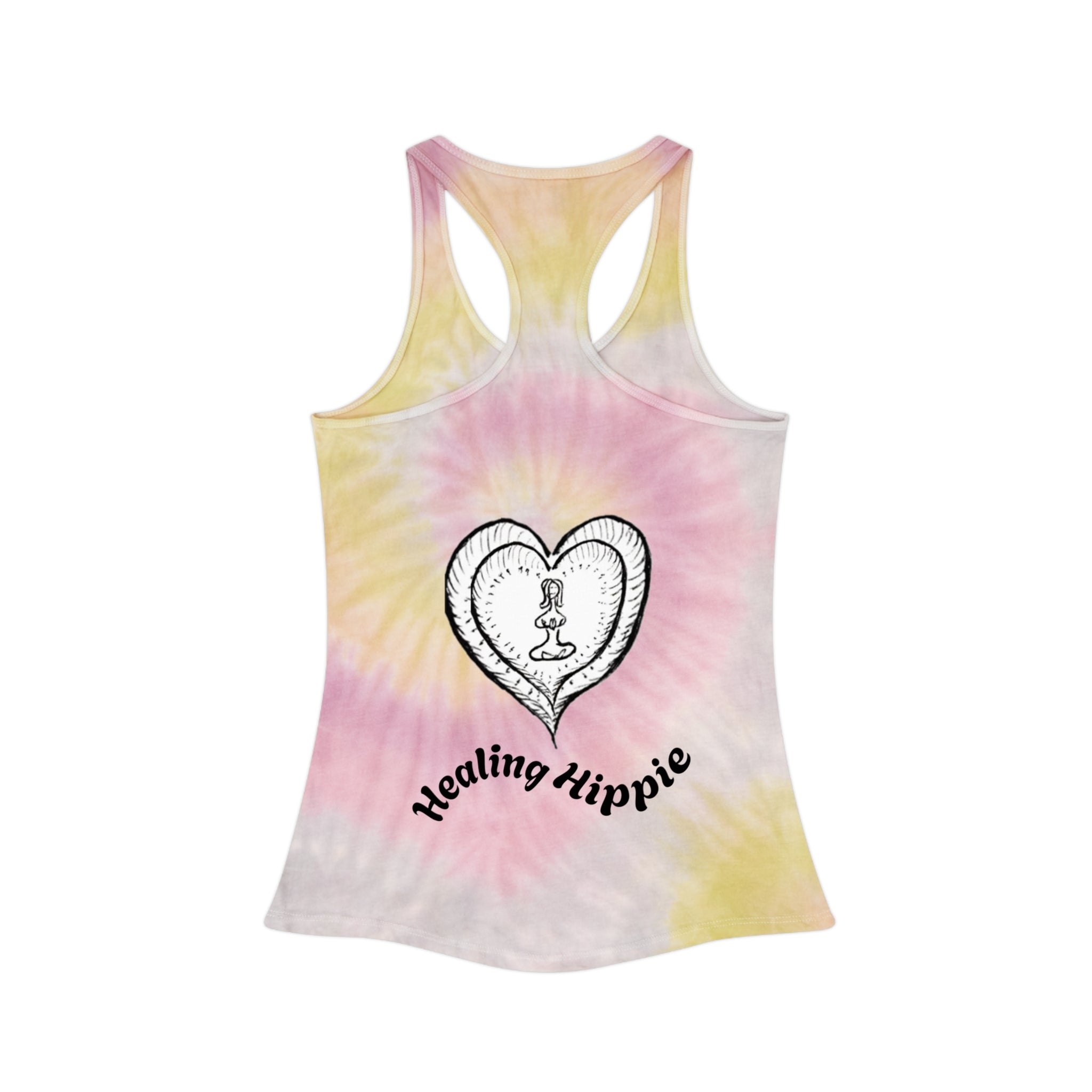 Women's Tie Dye Racerback Tank Top — Small Front Logo & Bold Back Double Logo