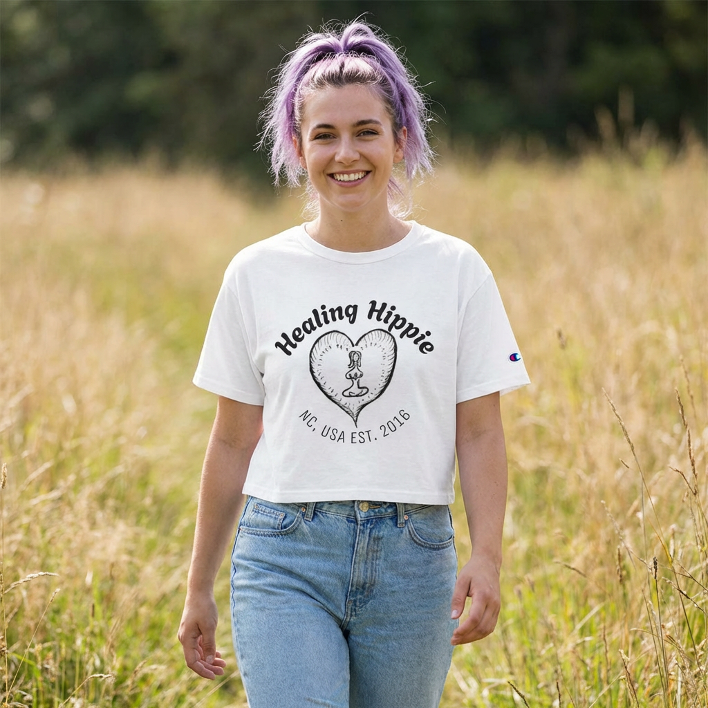 Healing Hippie Champion Cropped T‑Shirt- Front & Back Design- NC,USA EST.2016