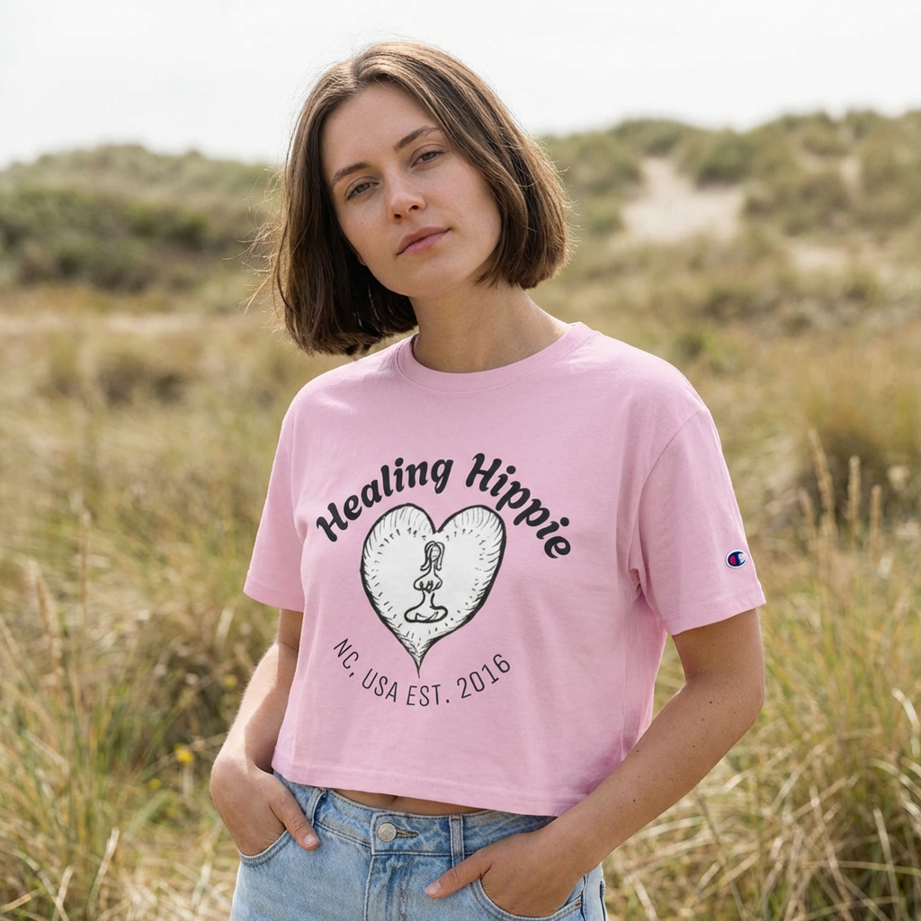 Healing Hippie Champion Cropped T‑Shirt- Front & Back Design- NC,USA EST.2016