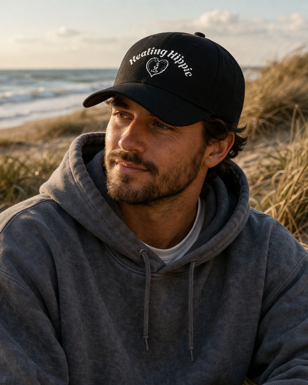 Classic Healing Hippie Embroidered Baseball Cap - White Stitching