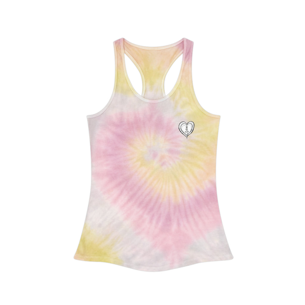 Women's Tie Dye Racerback Tank Top — Small Front Logo & Bold Back Double Logo