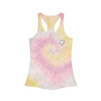 Women's Tie Dye Racerback Tank Top — Small Front Logo & Bold Back Double Logo